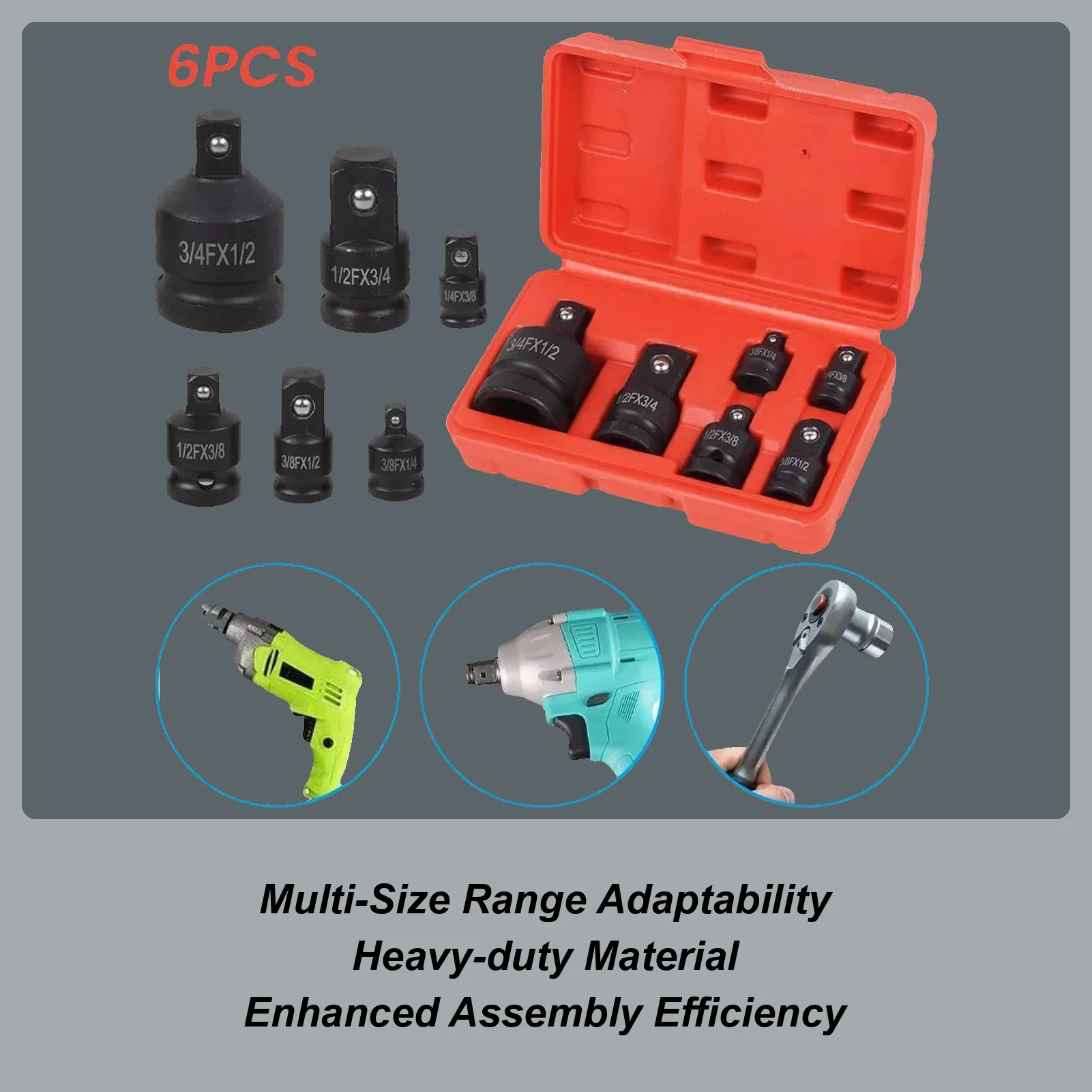 

6Pcs/box Impact Socket Wrench Adapter Set 1/4 3/8 1/2 3/4 Inch Square Drive Adaptor Reducer Spanner Tool With Case