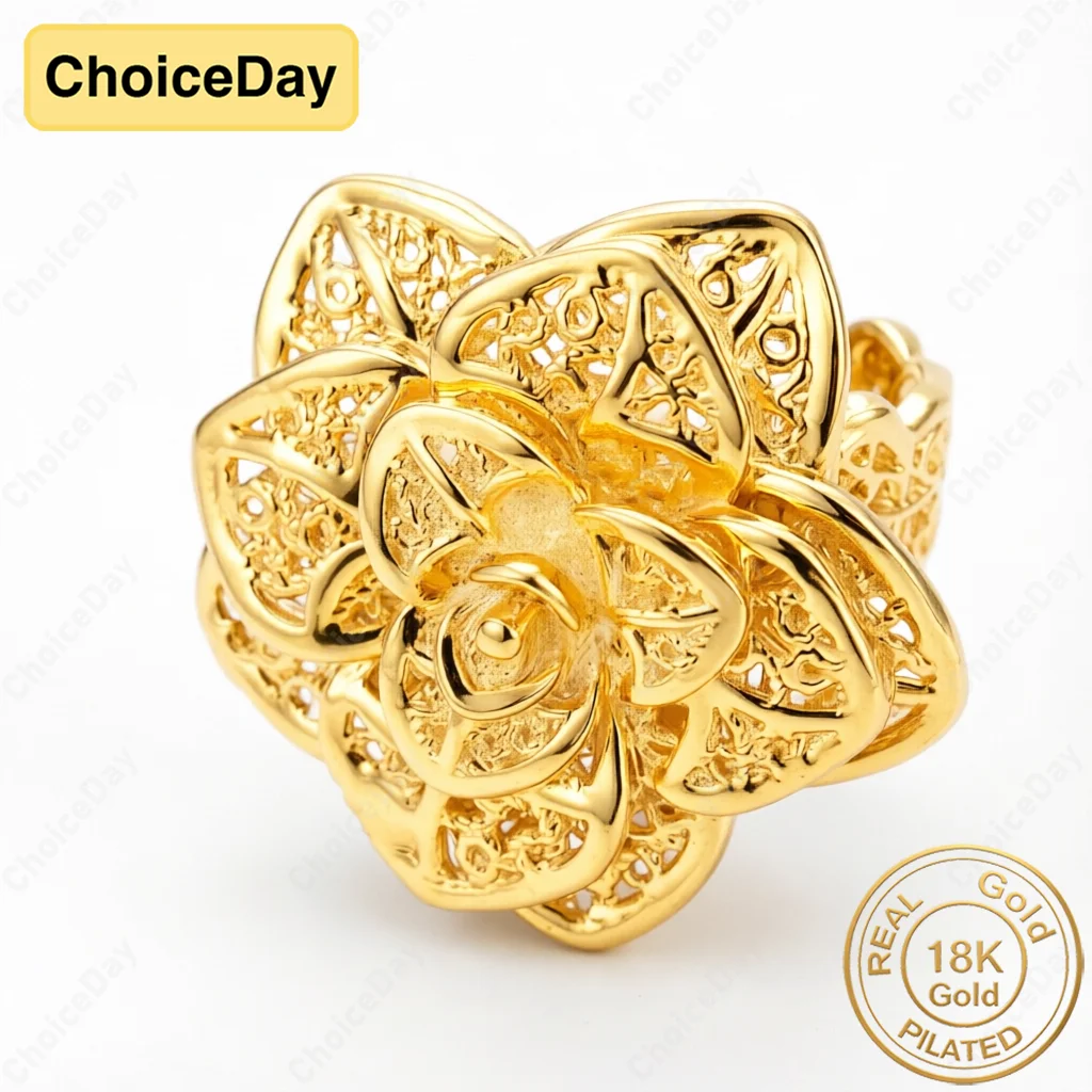18K Gold Plated Exquisite Multi-Layer Openwork Flower Ring for Women, Fashionable Wedding Party Accessories