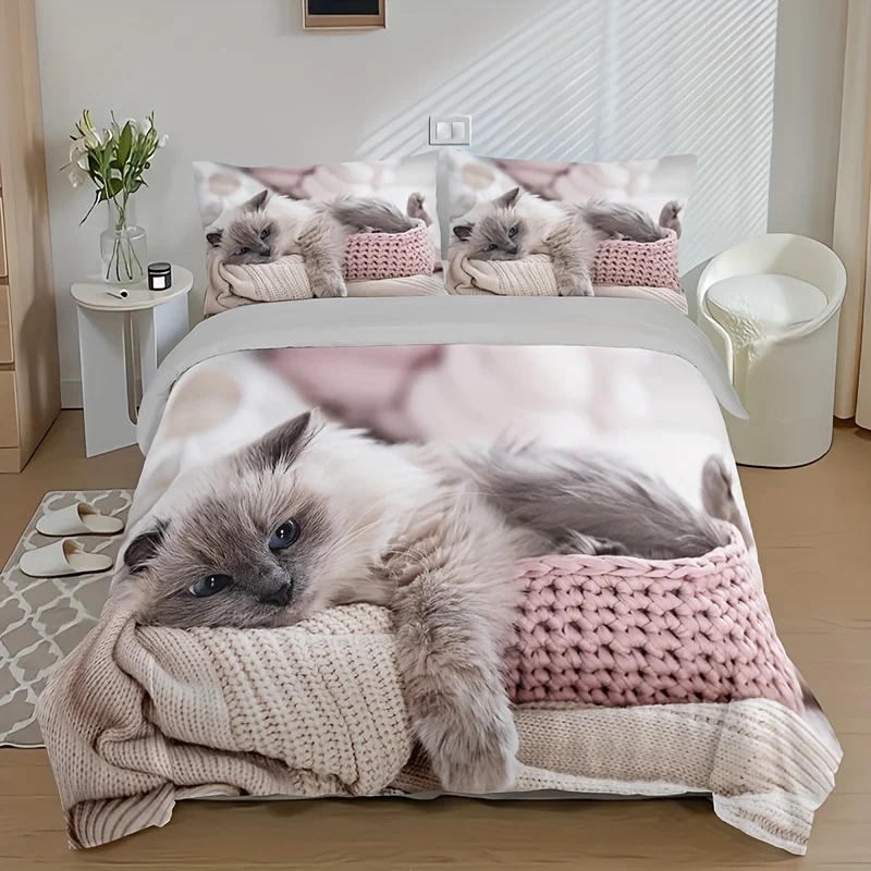 

Fashion Cute 3D Cat Print Duvet Cover Set All Season Bedding Set Soft Comfortable Duvet Cover For Bedroom Guest Room