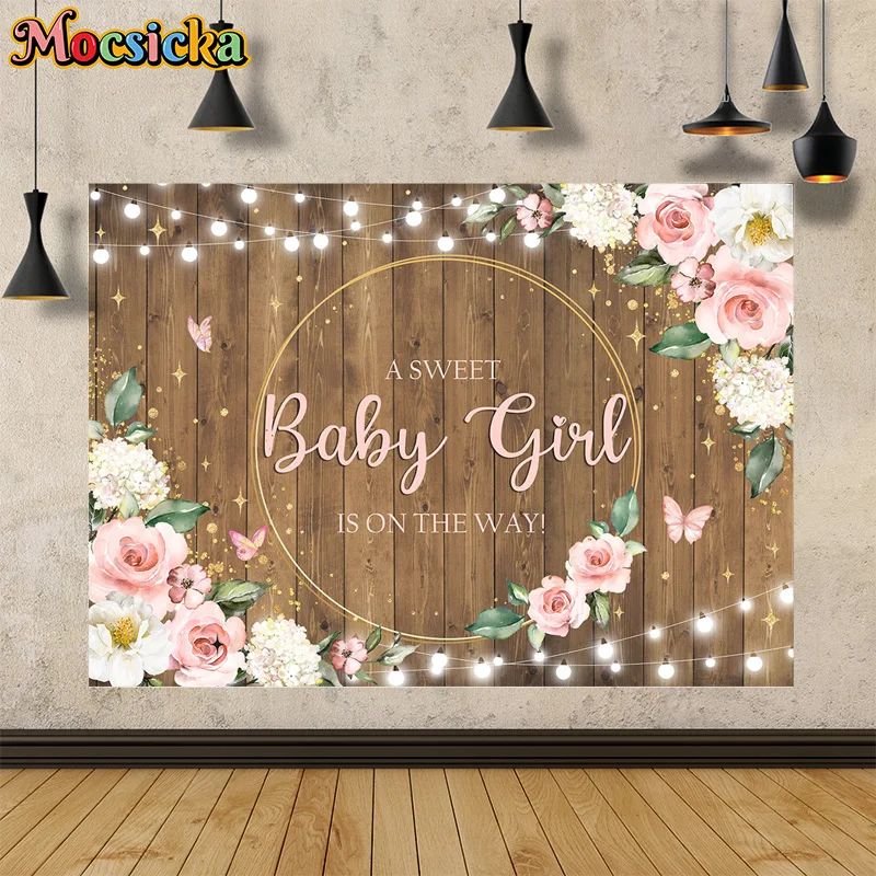 Photography Backdrops A Sweet Baby Girl Is On The Way Party Floral Wooden Board Background Cake Smash Kids Full Moon Banner