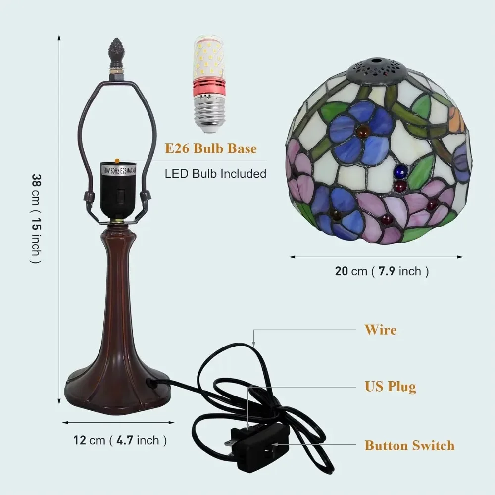 8inch Tiffany Lamp Morning Glory Stained Glass Flower Style Desk Reading Light Decor for Beside Bedroom Living Room Home Office