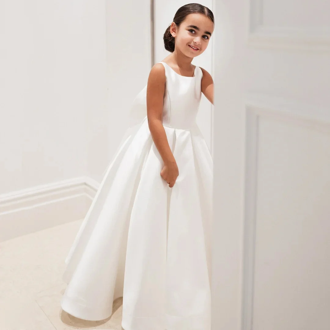 Customized White Flower Girl Dress Satin With Bow Sleeveless For Wedding Birthday Party Event Pageant Holy Communion Gown