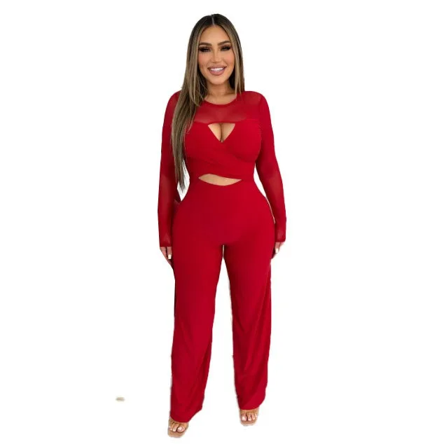 Sexy Nightclub Party Club Banquet Prom Splicing Hollow Stretch Wide Leg Jumpsuit