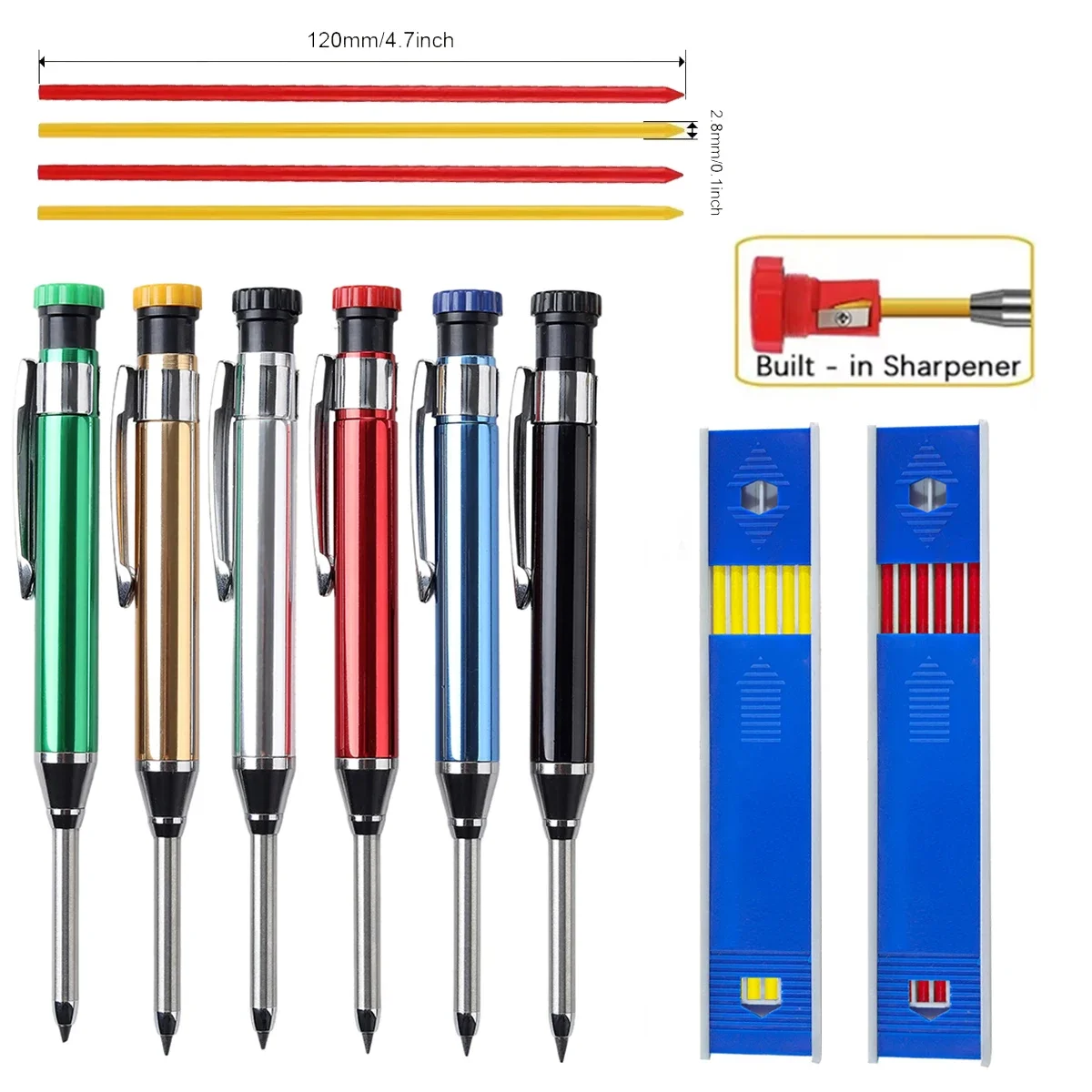 Metal Carpenter Mechanical Pencil with Sharpener, Duty Deep Hole Marker for Woodworking Construction Marking Tools