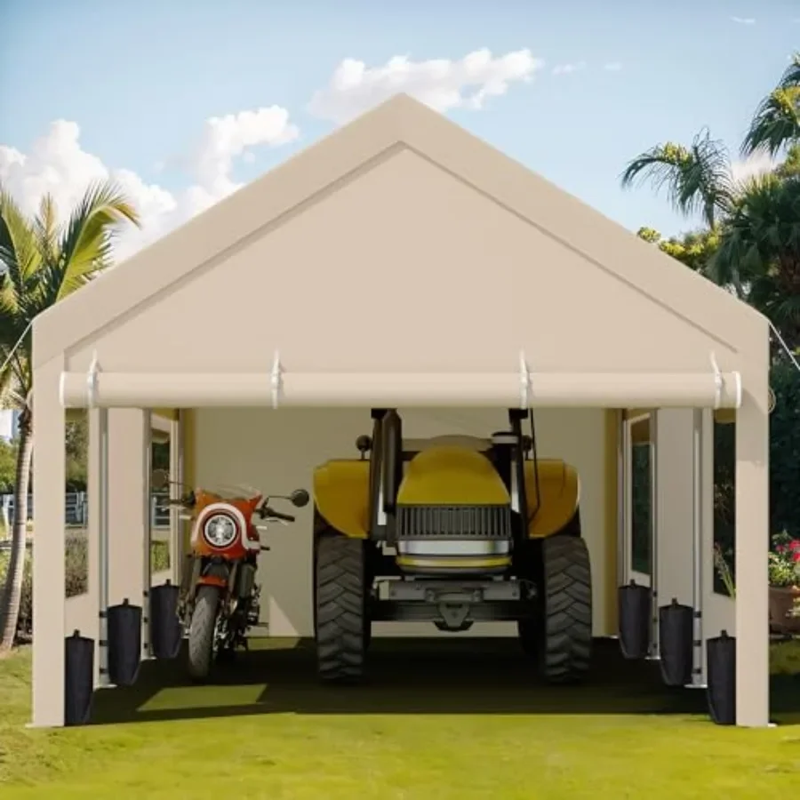 Carport for outdoor use, durable polyester fabric, khaki color, waterproof and UV-resistant