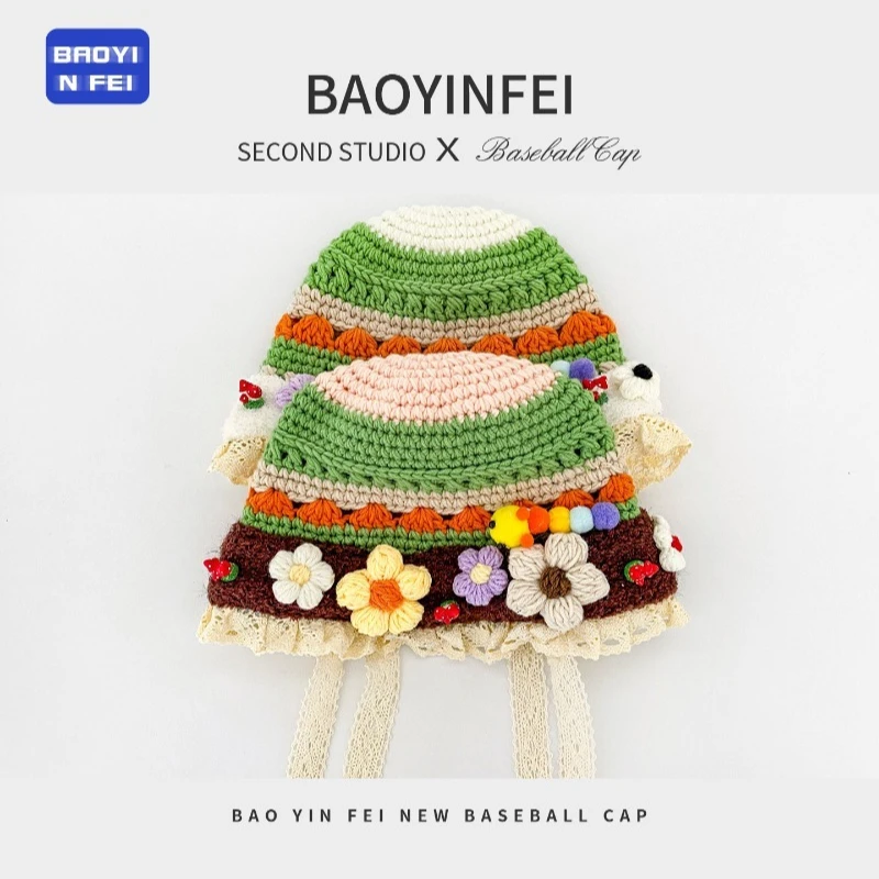 Handgefertigte, farbige Blumenmütze mit gehäkeltem Spitzenrand, Pullover-Strickmütze, niedliche Ohrenschutz-Bombermütze für Herbst und Winter – Detail 5