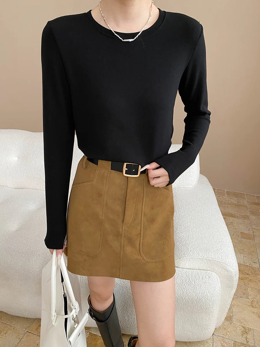 

Женская повседневная простая и универсальная однотонная рубашка с круглым вырезом и плечами для похудения, футболка с длинными рукавами