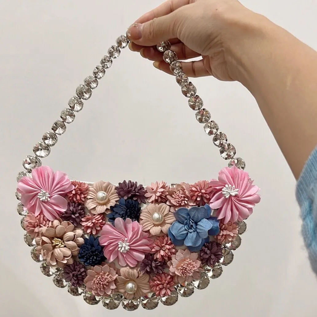 Bolso de lujo con forma de media luna y flor de perla y diamantes, bolsos de mano para mujer, bolso de hombro de cristal de diseñador, bolsos tipo cubo con diamantes de imitación para mujer, bolso de mano