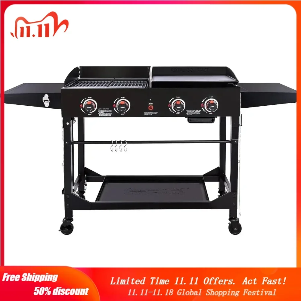 48 Portable Barbecue Utensils GD402 4-Burner Portable Flat Top Gas Grill and Griddle Combo With Folding Legs, Black BBQ Grill