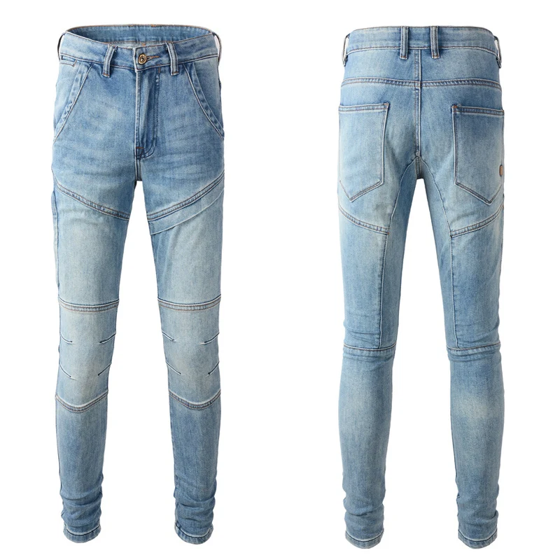 Street Fashion Men Jeans Retro Light Blue Elastic Slim Ripped Biker Jeans Men Spliced Designer Hip Hop Denim Punk Pants Hombre