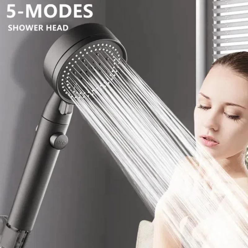 High-pressure handheld shower head with 5 nozzle modes, wall-mounted, ABS plastic, on/off button - bathroom accessory