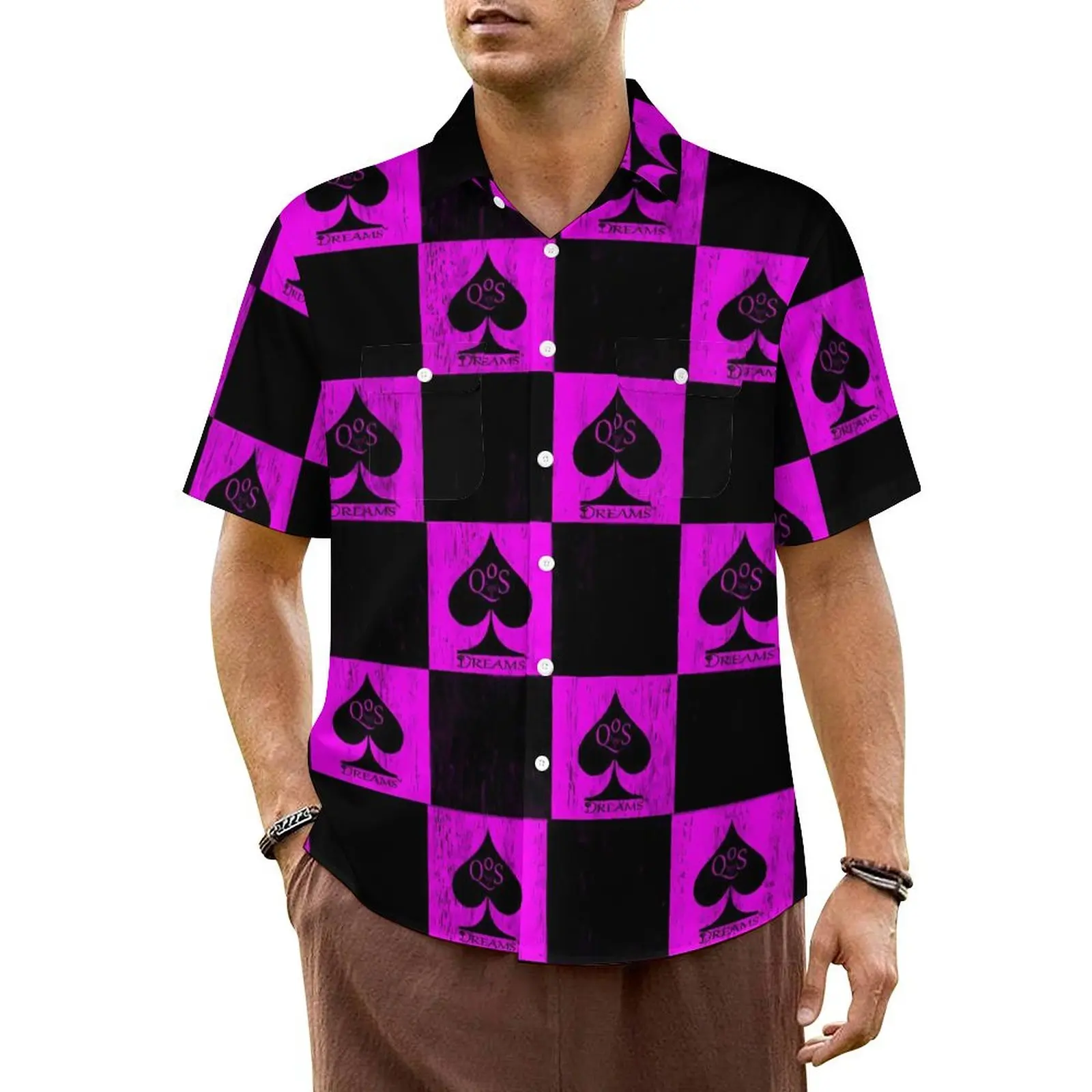 Hawaiian Shirt Beach Queen of Spades Blouses Pink Checkers Novelty Casual Shirts Man Short Sleeve Street Style Oversized Clothes