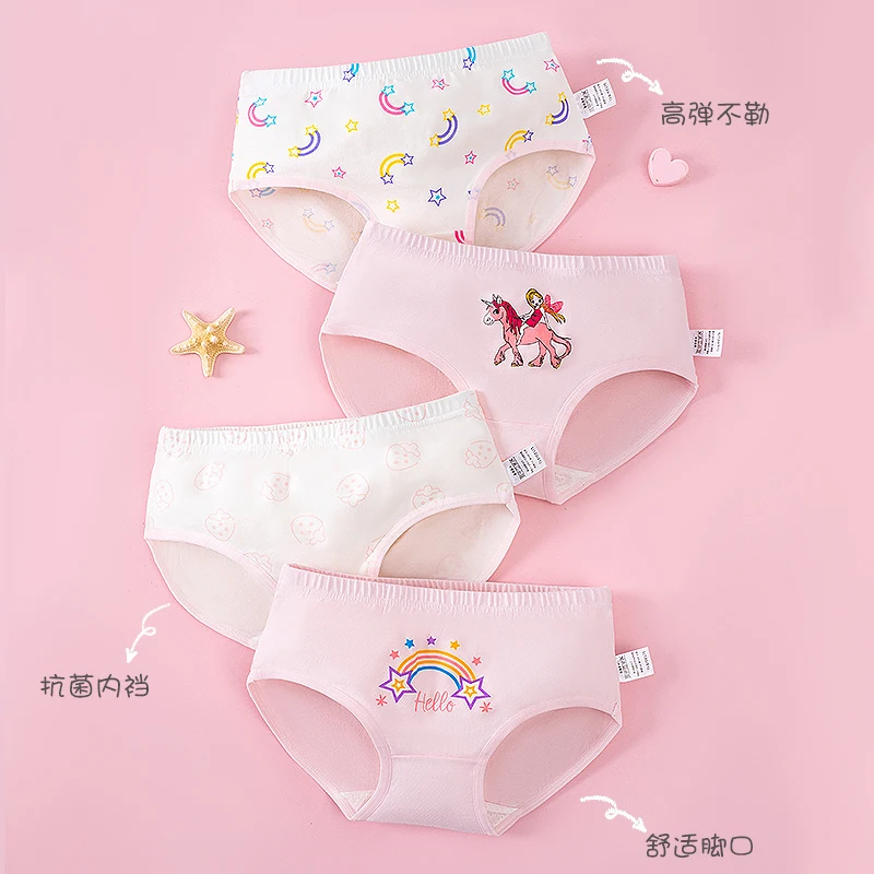 4 pairs of cute cartoon pink unicorn pattern triangular underwear for summer baby girls