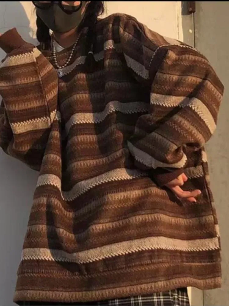 

Women Vintage Striped Loose Sweaters Autumn Winter Casual O Neck Long Sleeve Sweater Unisex Couples Hip Hop Pullovers Sweater