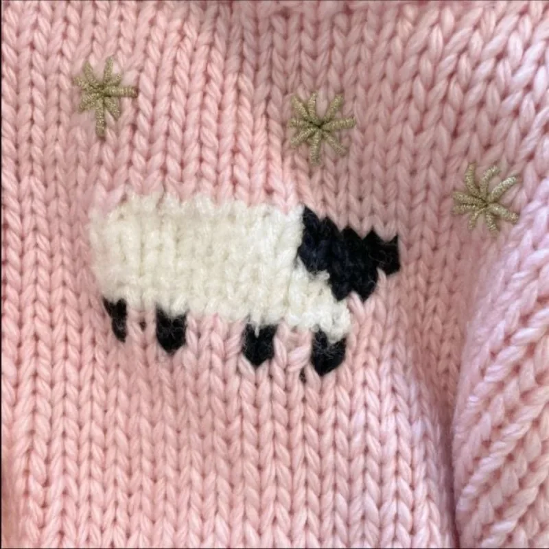 Preppy Style Cartoon Knitted Women Korean Sweet Short Sweaters Pink Y2k Kawaii Sheep Pullovers O Neck Sueter Mujer