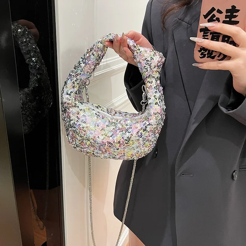 Shining Sequin Underarm Elegant Evening Sparkly Shoulder Bag Silver New