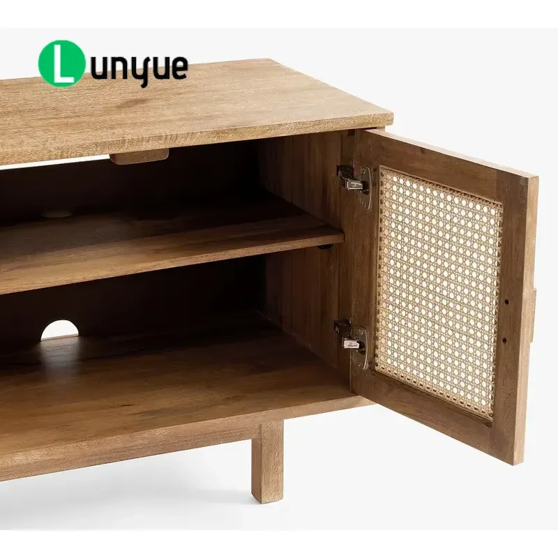 Farmhouse Rattan TV Cabinet with 2 Doors Solid Wood Feet Media Console Entertainment Center for Living Room Bedroom Storage