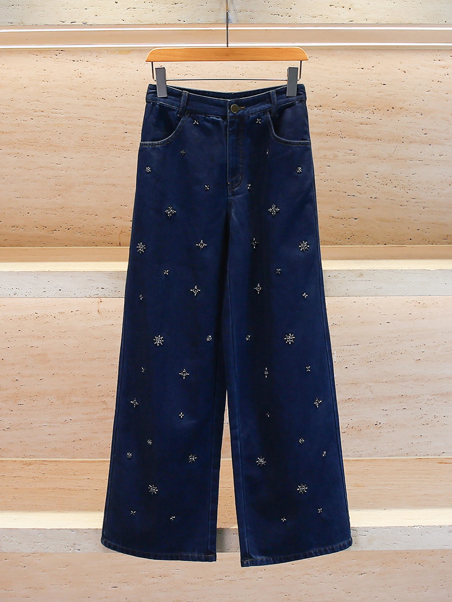 Conjunto Faion de alta gama para mujer, chaleco vaquero con cuentas, pantalones de pierna ancha, cintura alta, fibra de poliéster, redondo, Ne ort Sle