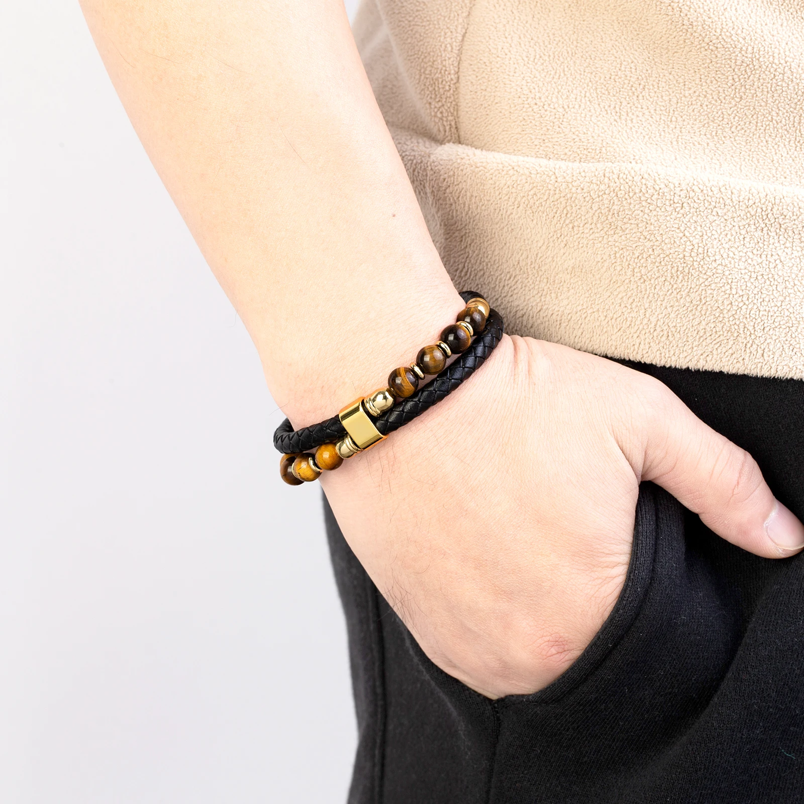 YAN MIN Natural Round Tiger Eye Stone Bracelet For Man Woman Stainless Steel Magnetic Jewelry Accessories Male Gift