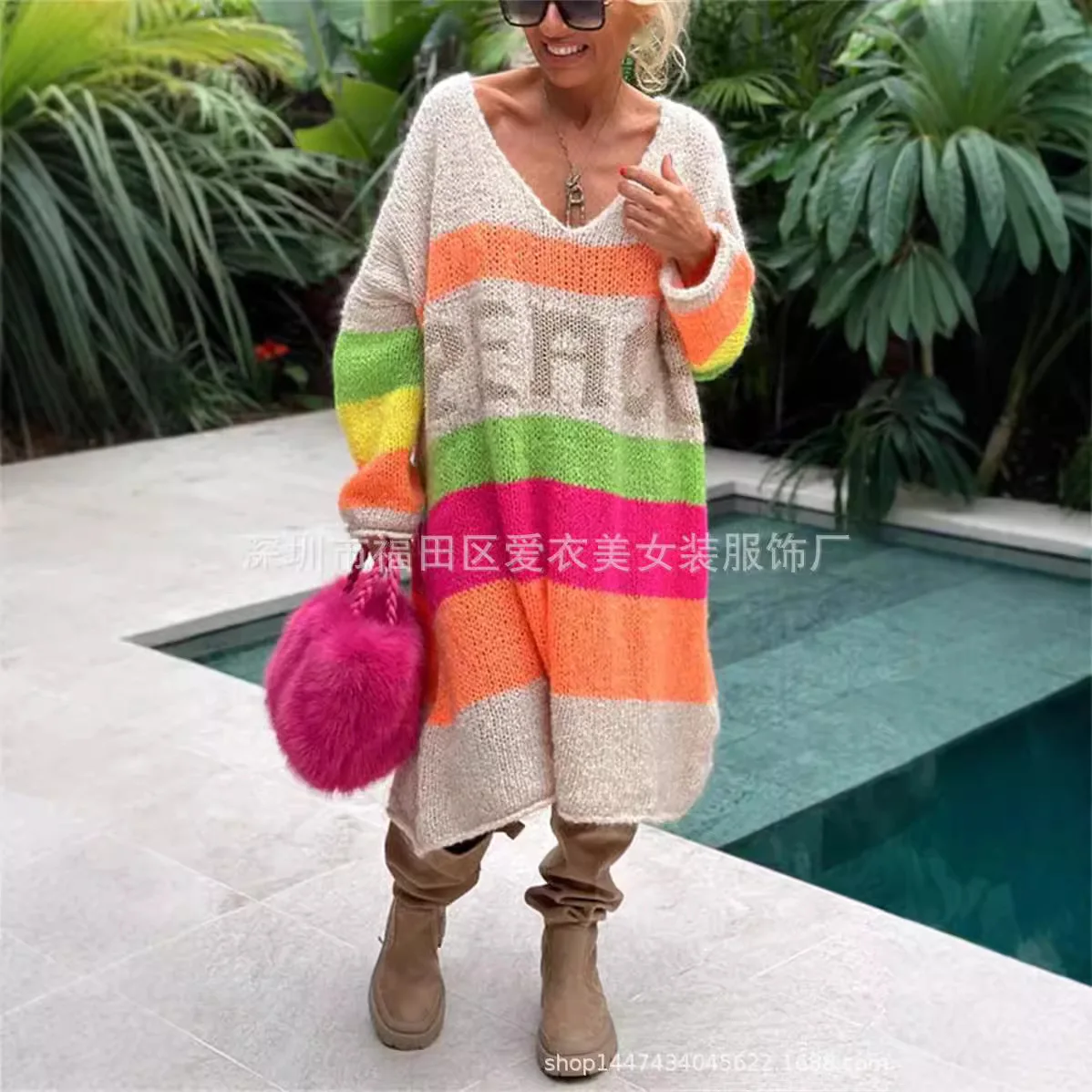

2025 New Fashion Printed Knitted Long Sweater Women's Autumn Casual Loose Letter V-neck Home Long Sleeve Top For Women