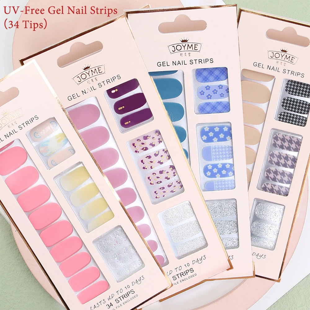34Tips UV Free Nail Gel Strips Full Cover Gel Polish Nail Sticker Curing-free Stickers for Nails Long Lasting Nails Patch