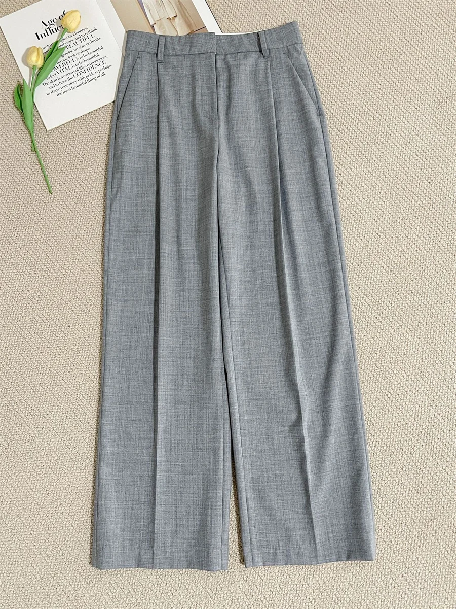 Autumn New Women Grey Suit Pants Zipper High Waist Office Wear Trousers