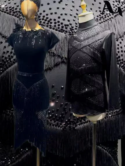 

Latin Dancer Adult Children High-End Customized Velvet Diamond Mesh Tassel Dress Samba AB Stone Performance Dress