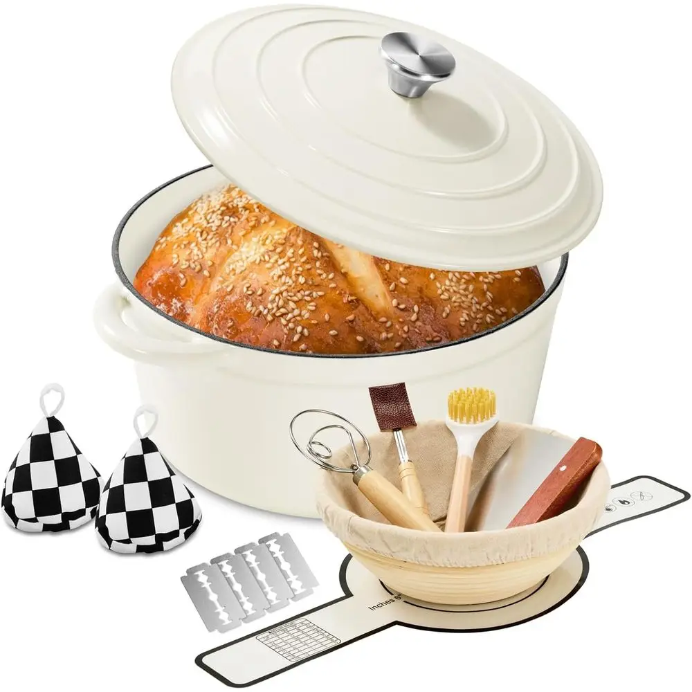 

6.5 QT Enamel Cast Iron Dutch Oven with Lid - Perfect for Sourdough Bread, Banneton, Heavy Duty Cookware for Baking, Stews, Roas