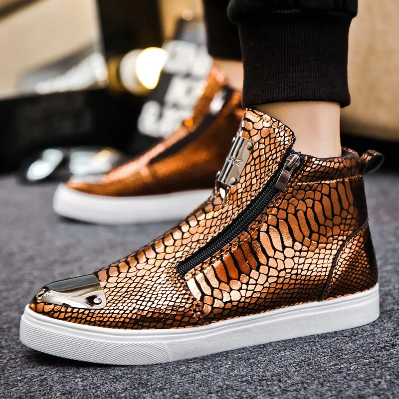 Fashion Zipper Men High Top Sneakers Luxury Gold Glitter Men Brand Sneakers Crocodile Leather Designer Men's Vulcanized Shoes