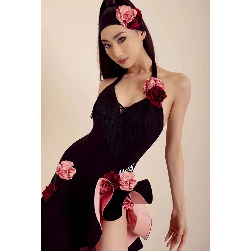 

Women Ladies Halter Backless Tassels Latin Dance Dress Summer Female Adult Dancewear Ballroom Dance Competition Dresses