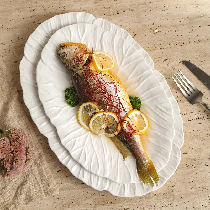 

Европейская овальная керамическая тарелка с тиснением, блюдо для рыбы, тарелка для салата, цветочная оправа, посуда для домашнего ресторана