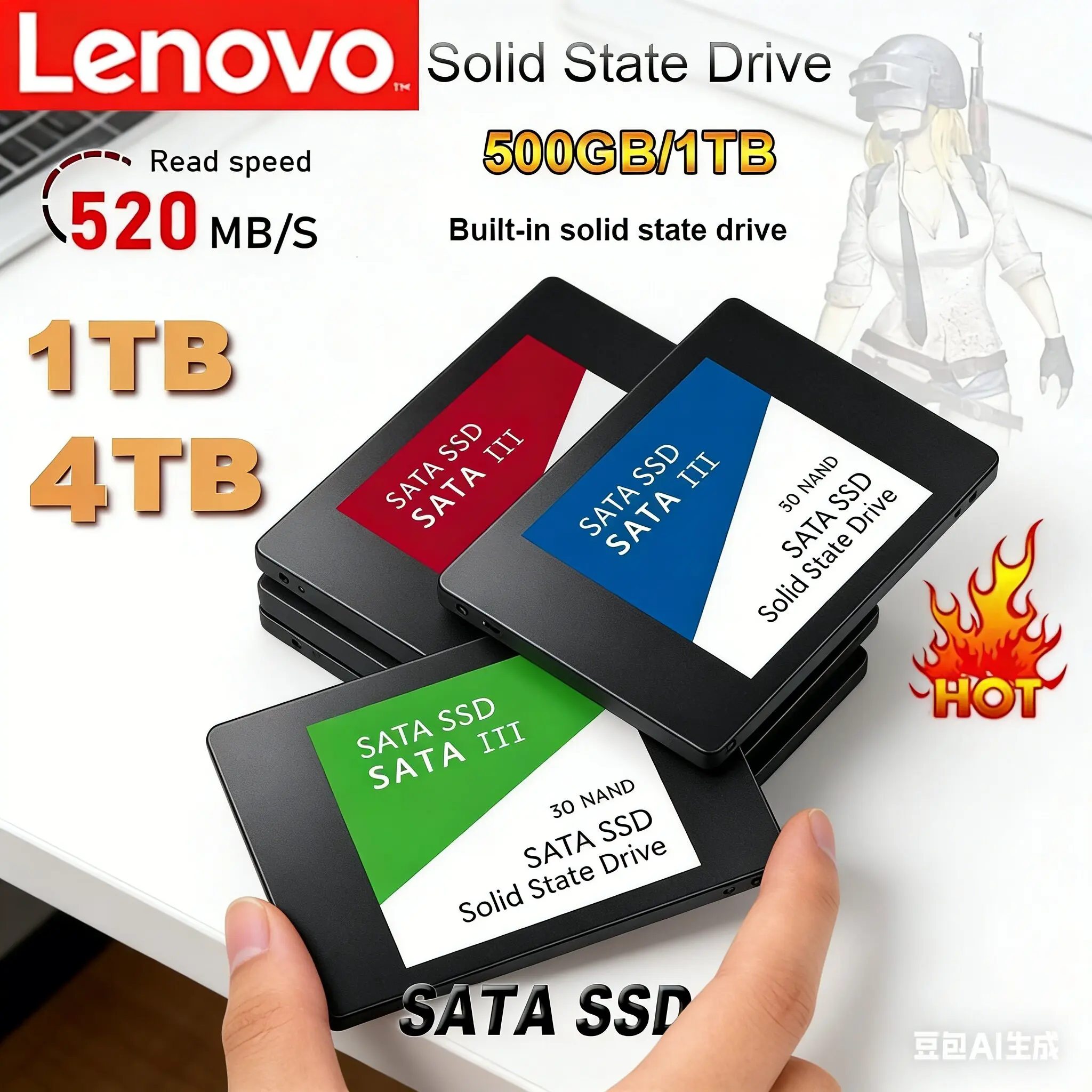 

Внешний твердотельный накопитель Lenovo для внутренних жестких дисков с интерфейсом SATA3, 4 ТБ, портативный высокоскоростной SSD для ноутбука