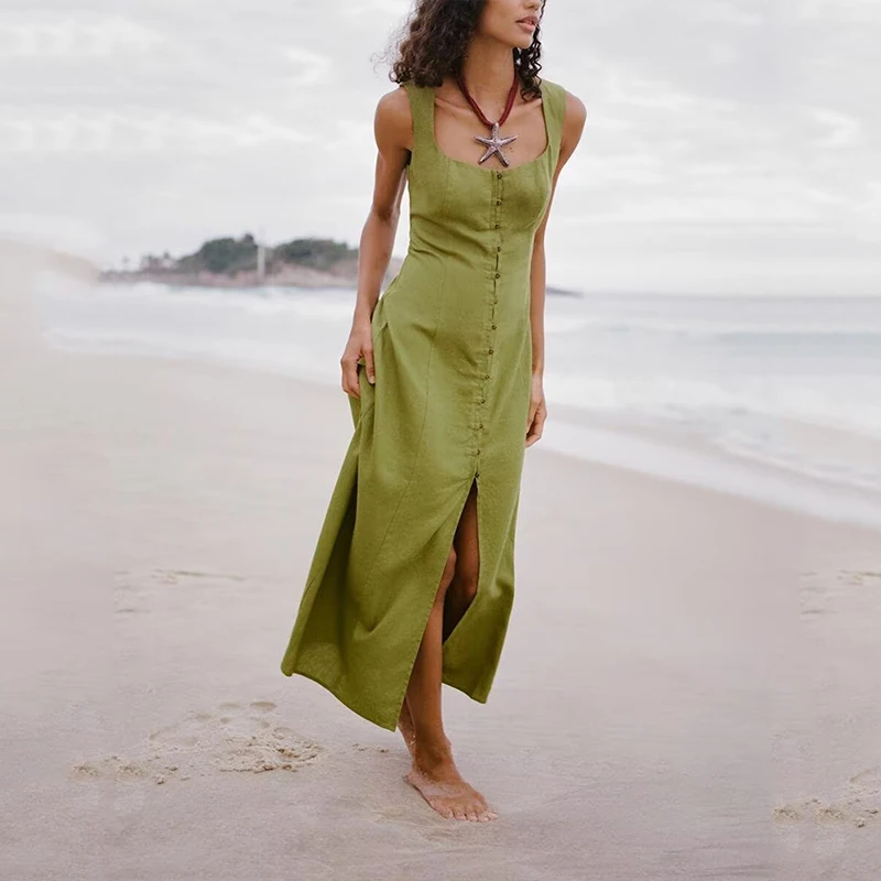 Faionable Versatile Linen Midi Dr Women's Summer New Sle Dr Z Brand Svel Gown for Daily Wear
