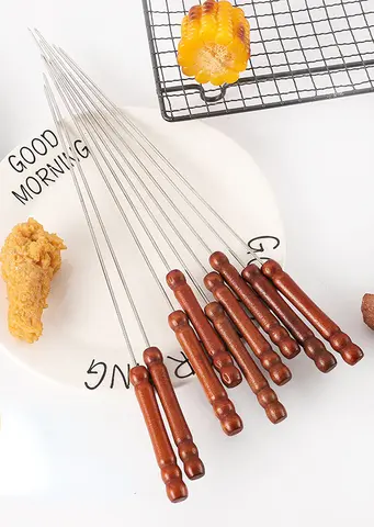나무 손잡이가 달린 스테인레스 스틸 바비큐 스틱, 라운드 바비큐 핀, 플랫 바비큐, 양고기 꼬치 바비큐 스틱