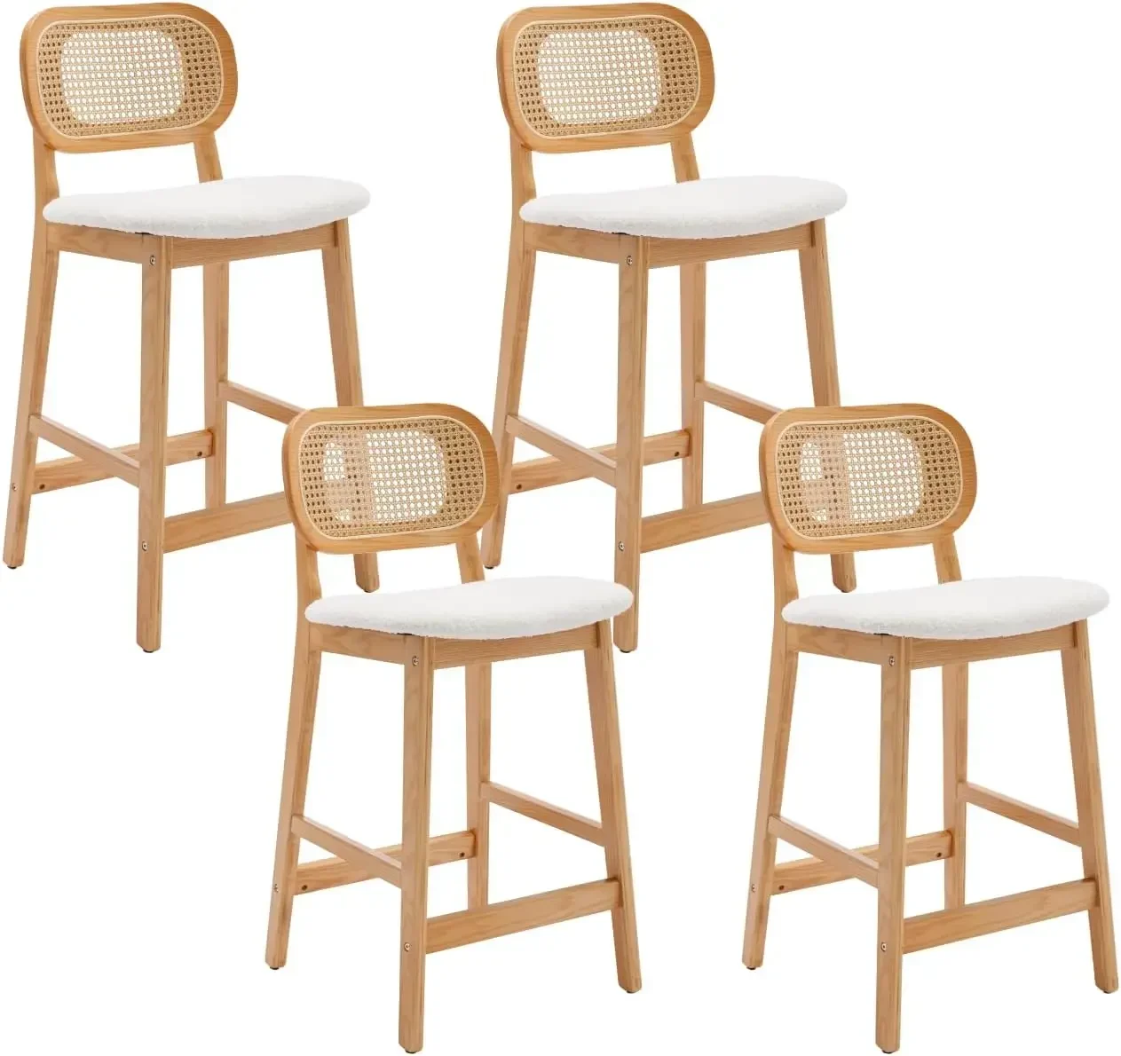 Ensemble de 4 chaises de bar en bois, en rotin, pour cuisine de ferme, crème