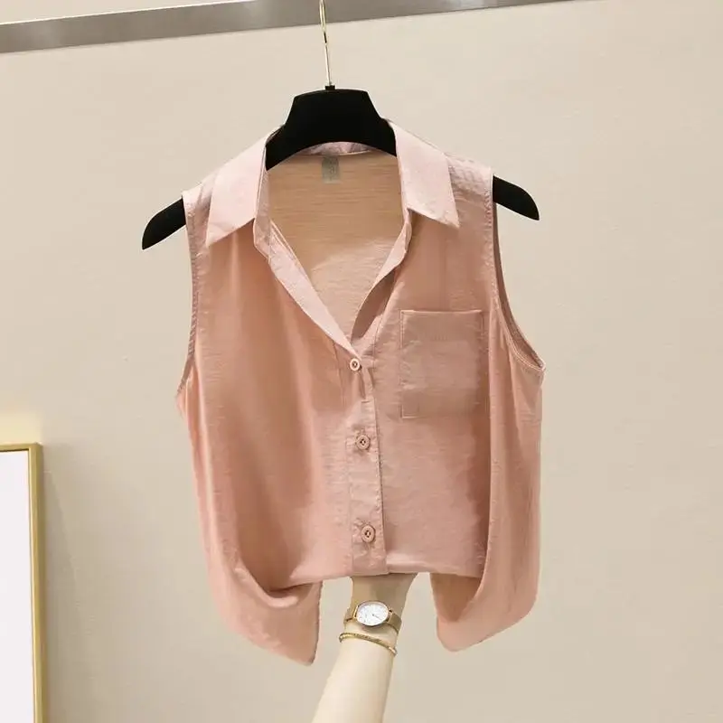 

Polo Neck Sleeveless Simplicity Elegant Blouse Summer New Solid Loose All-match Korean Shirt Tops Fashion Casual Women Clothing
