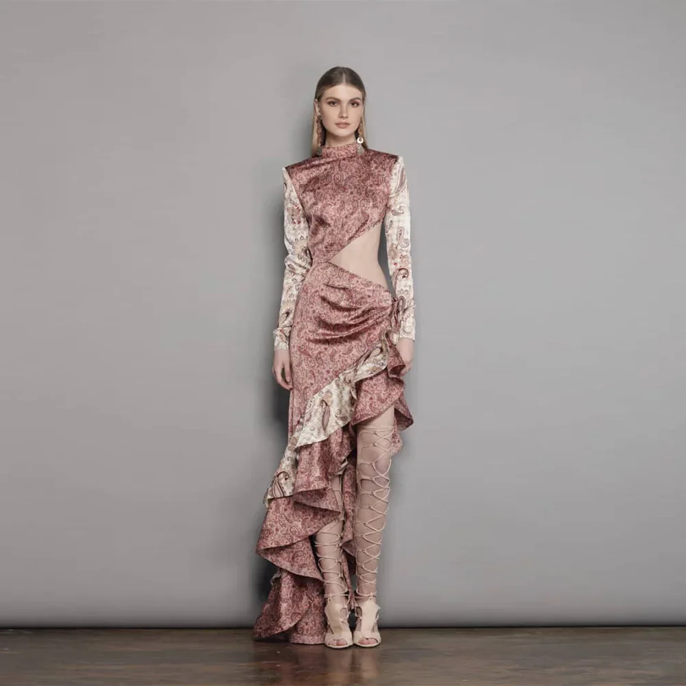 

Ethnic Retro Ruffle Irregular Dress Sexy Hollow Out Floral Print Bodycon Side Slit High Waist Women's Clothing Ruffle Edge Skirt