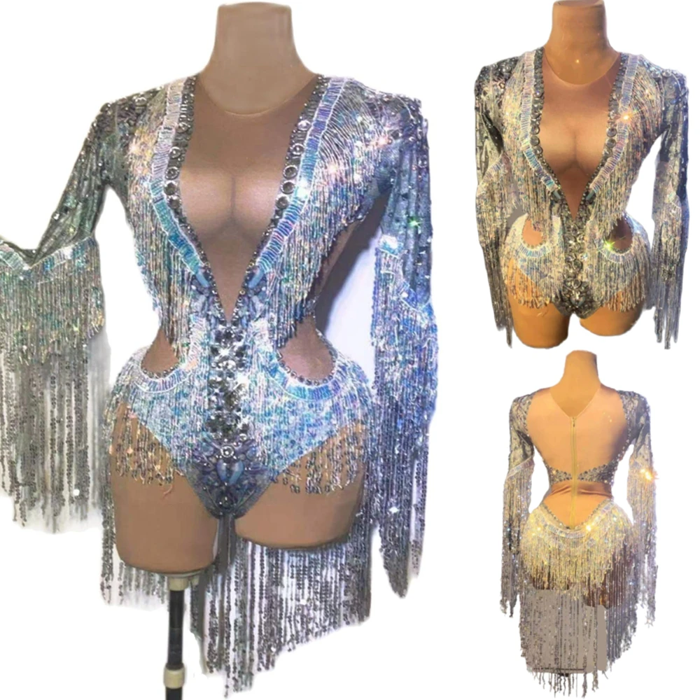 Sparkling Silver Women Stretch Dance Fringes Bodysuit Club Bar Singer Leotard Stage Wear Rhinestone Sequin Tassel Party Jumpsuit