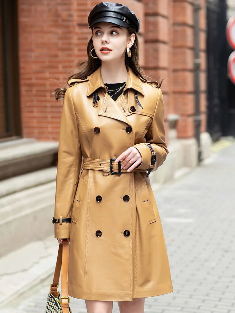 2021 spring Bati and autumn new sheepskin casual fashion windbreaker coat lace up leather coat women's medium length 507w