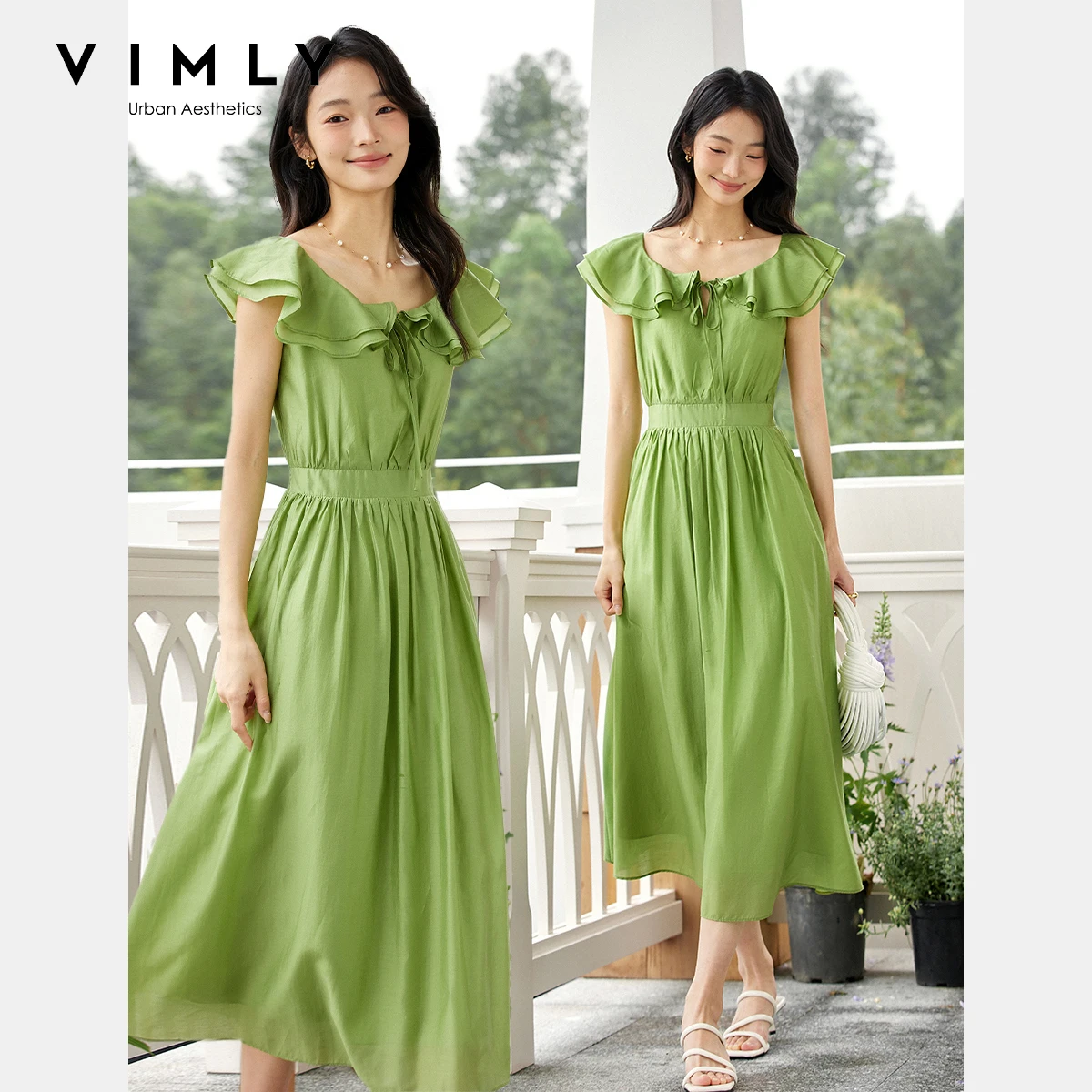 VIMLY Jurken 2025, Dames Zomer Midi Elegante Groene Damesjurk Franse U-hals Mouwloos Volants Rand Vrouw Kleding A1712