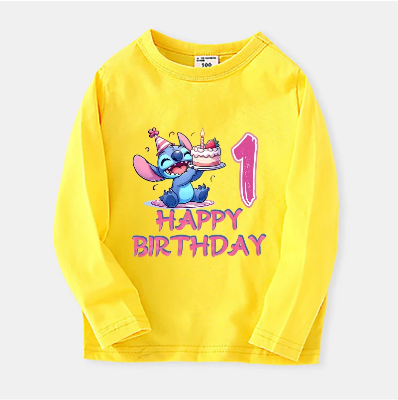 T-shirt à manches longues à col rond Disney pour filles, vêtements d'anniversaire, dessin animé mignon, point, numéro, tie aught, anime Kawaii, t-shirts en coton