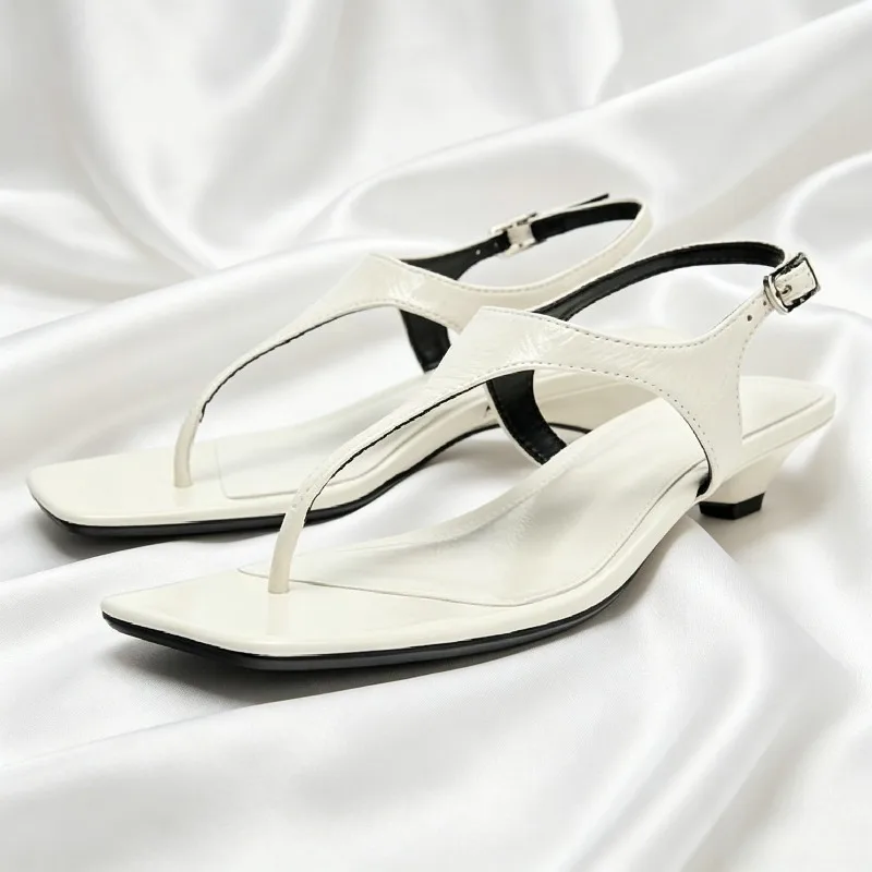 

Comfortable Soft-leather PU Kitten-heel Sandals Women Fashion Square-toe Clip Toe Flip Flops Summer Luxury Brand Designer Shoes