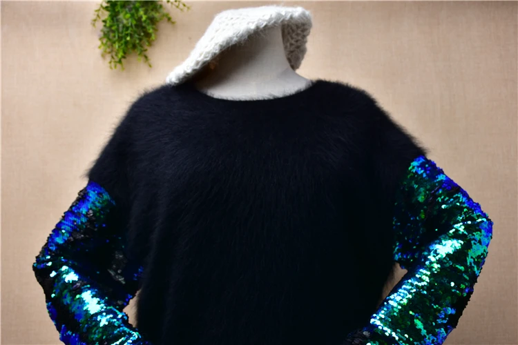 Ladies Women Fashion Beading Hairy Black Mink Cashmere Knitted Bling Sleeves O-Neck Loose Pullover Angora Fur Jumper Sweater Top