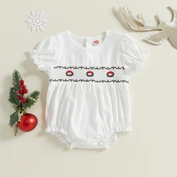 0-18M Baby Girl Boy Christmas Rompers Wreath Embroidery Smocked Round Neck Ruffled Short Sleeve Jumpsuit Casual Clothes