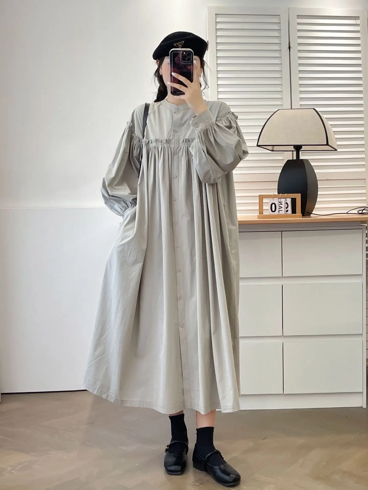 New Summer Cotton Long Lantern Sleeve Dresses, Woman Stand Neck Ruched, Mori Girl Sweet Loose Dress, 2024 Autumn D48370QM