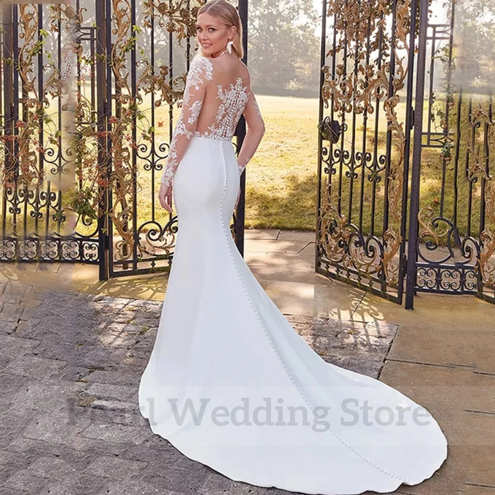 Gorgeous Square Collar Mermaid Wedding Dress Sexy Illusion Applique Back and Long Sleeve with Buttons Bridal Sweep Train Gowns