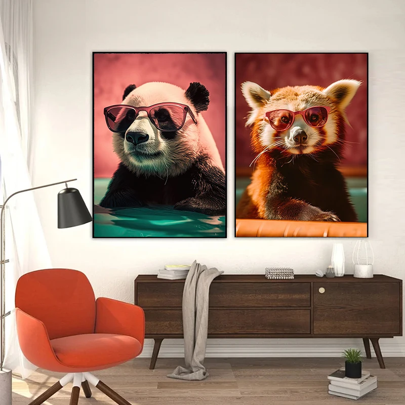 Pink Fashion Animal with Sunglass Art Poster and Prints Cool Tiger Lion Panda Giraffe Wall Art Canvas Painting Home Decoration