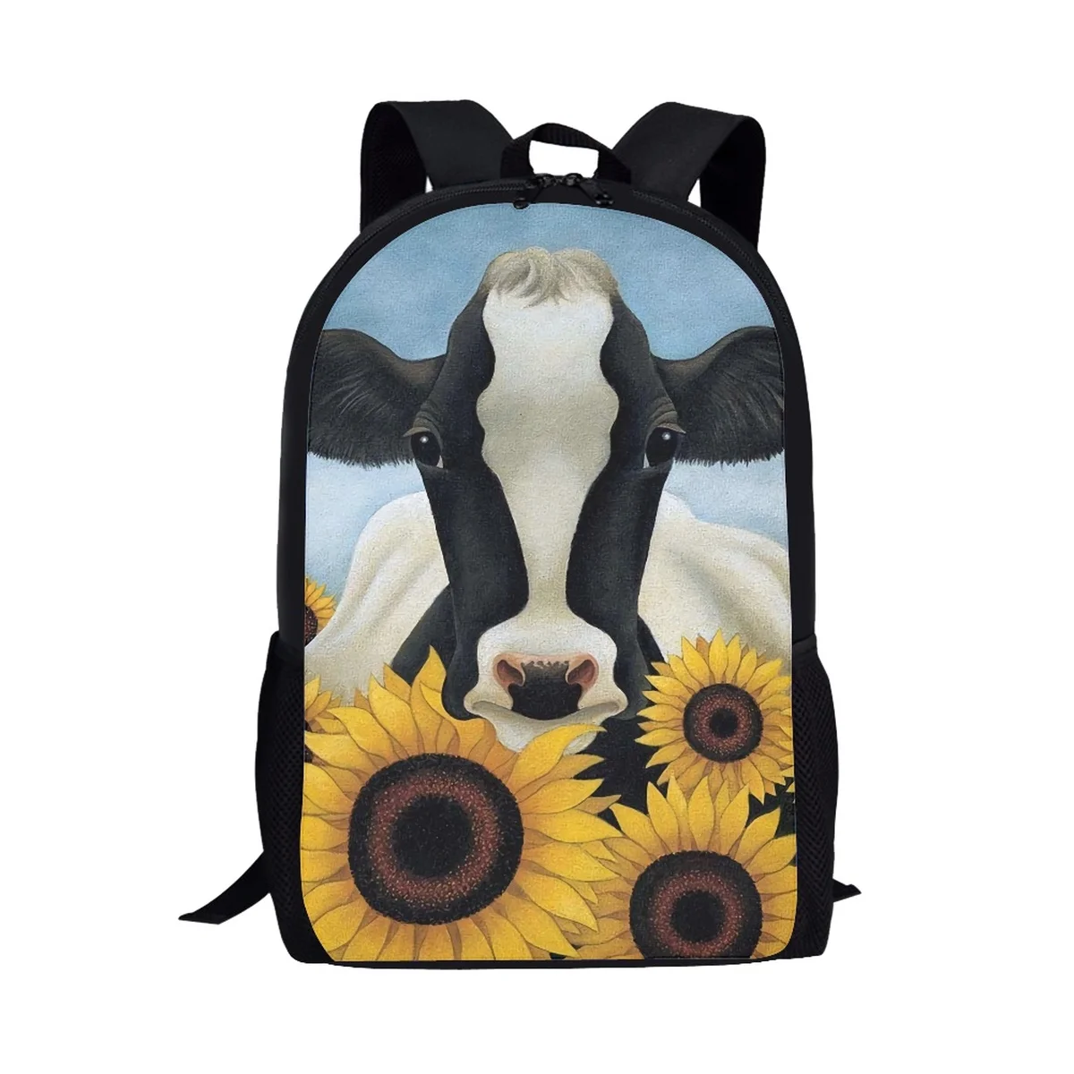 Cartoon Ranch Cow Sunflower Print Backpack Cute Animal Children Large Capacity School Bag Study Kids Book Bag Womens Backpacks