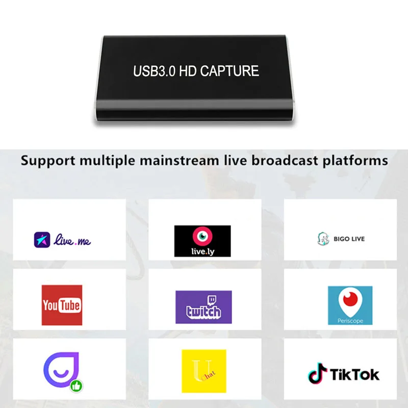 USB Video Capture Card Grabber, Adaptador de jogo com saída HDMI Loop para Windows Linux OS, USB 3.0, 1080P, 60fps