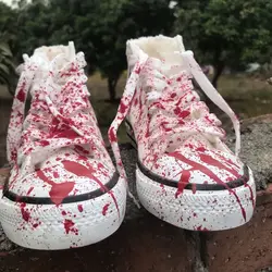 Sapatos sujos de graffiti vermelho unisex, tênis de lona manchada de sangue, sapatos de grife masculinos, sapatos vermelhos engraçados